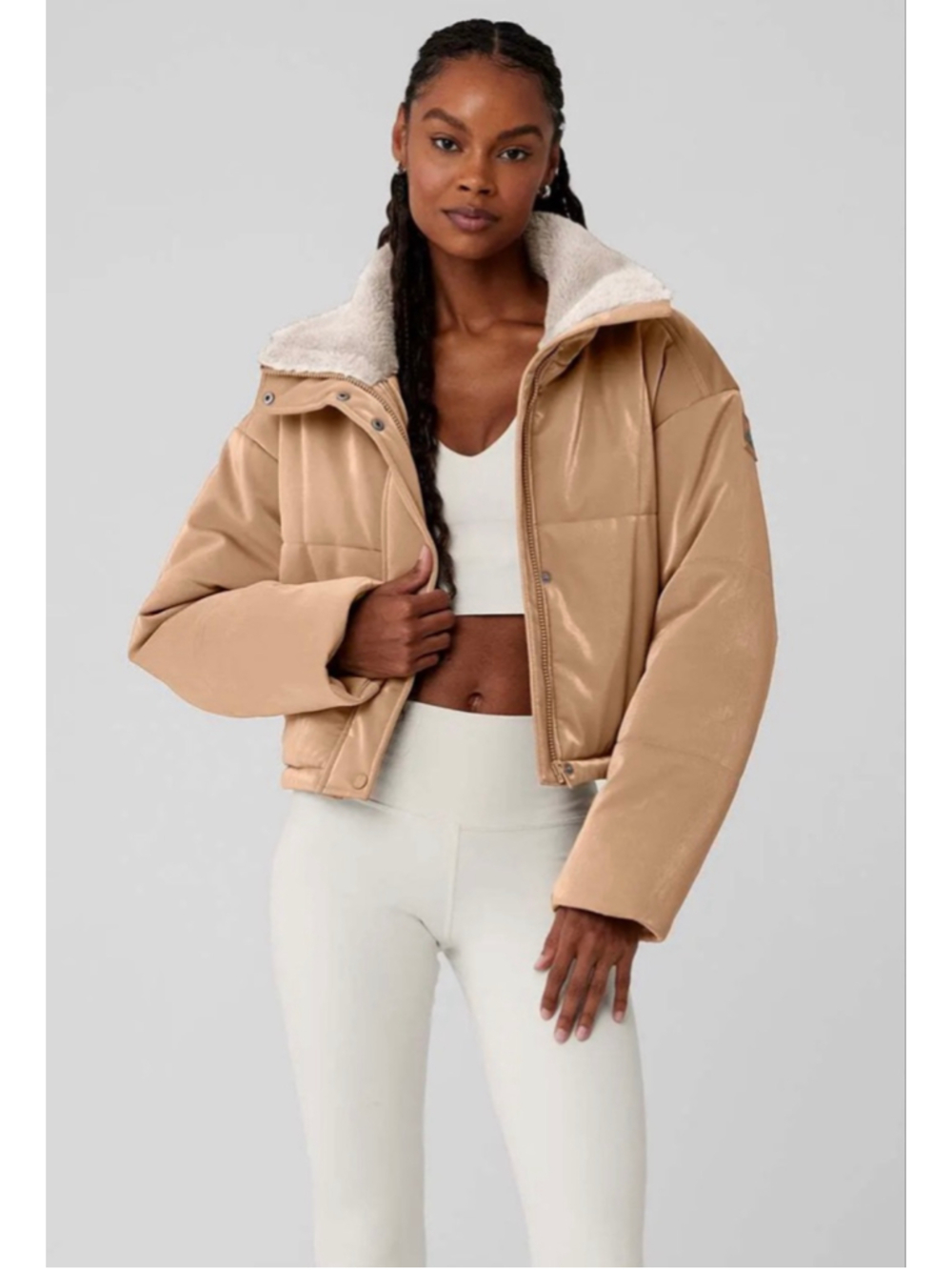 Women's Alo Yoga Tan & White Cropped Puffer Jacket S